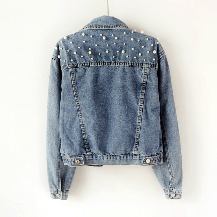 Fall Women Clothes Custom Logo Short Denim Jacket Long Sleeve Denim Jacket Women Beaded Pearl Loose Customized Logo Outdoor