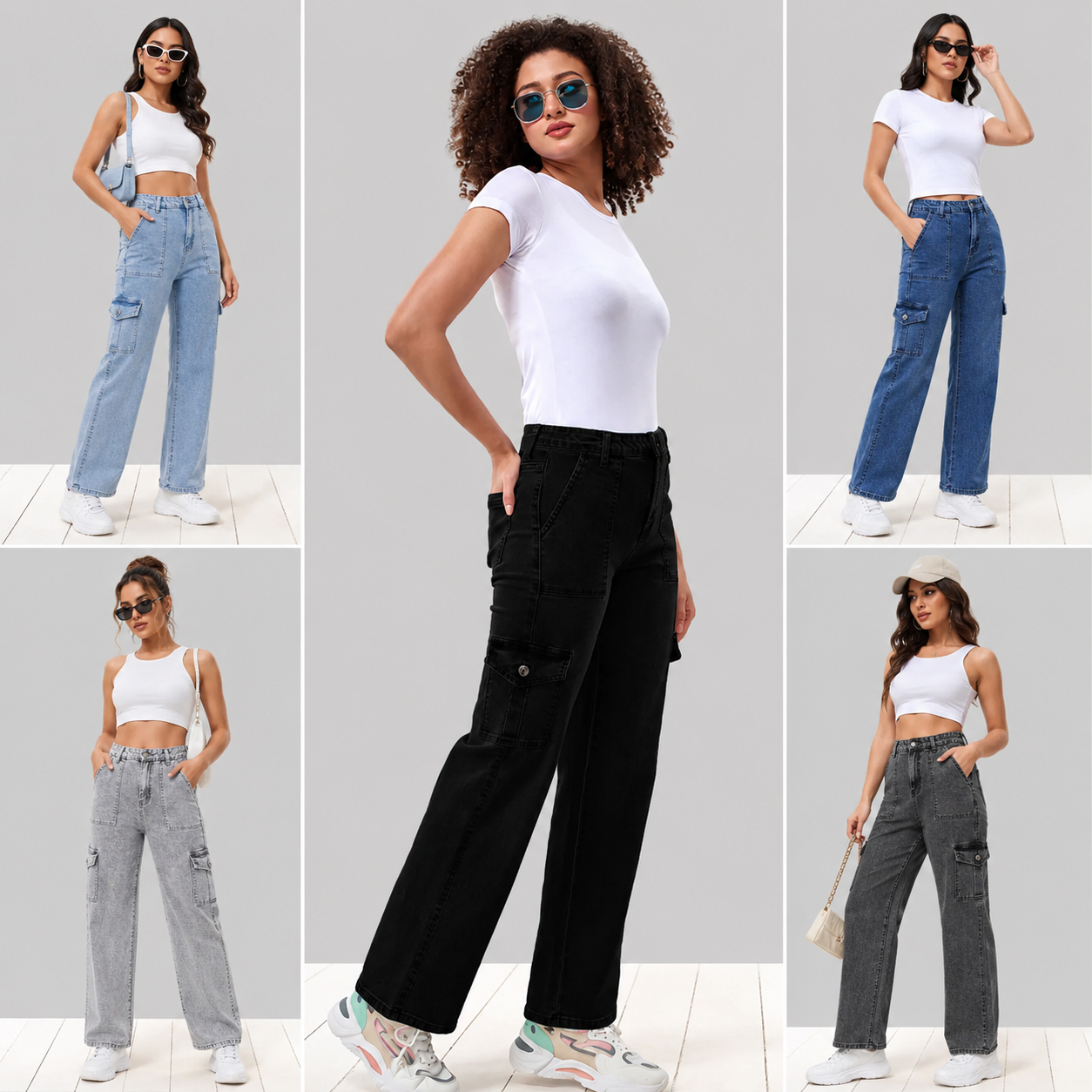 Women's High Waist Cargo Jeans Denim Loose Fit Full Length Stonewashed Solid Color Bangladesh Global Stock Apparels Bulk Sale