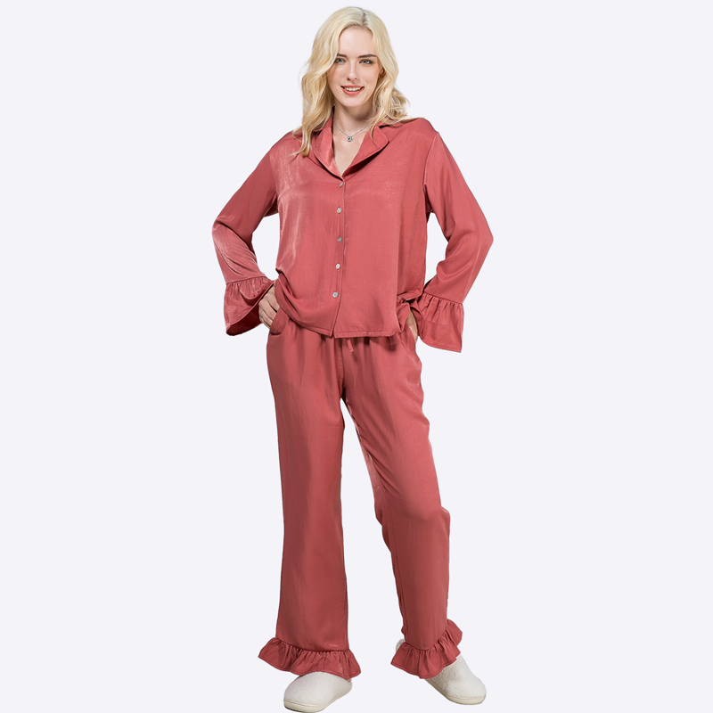 Custom Women Pajamas Sleepwear Set Manufacturer Vendor Factory Loungewear Women's Solid Color Lace Woven Cotton Shirt Pants