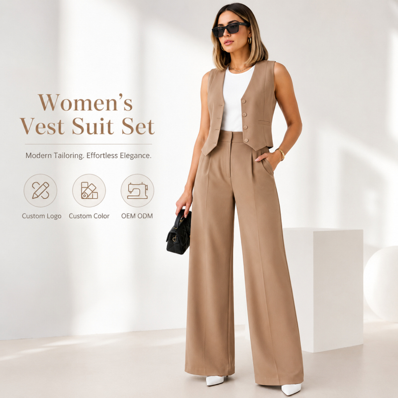 Elegant Women's 2 Piece Vest Suit Set Professional Waistcoat and Wide Leg Pants Set Office Lady Outfits