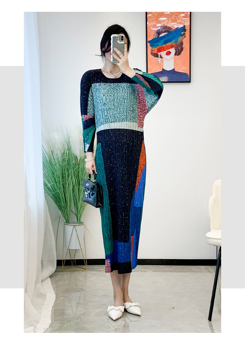 Modest Pleated Dress Women's Fashion Printed Lantern Sleeves Loose Large Size Pleated Casual Dress for Women
