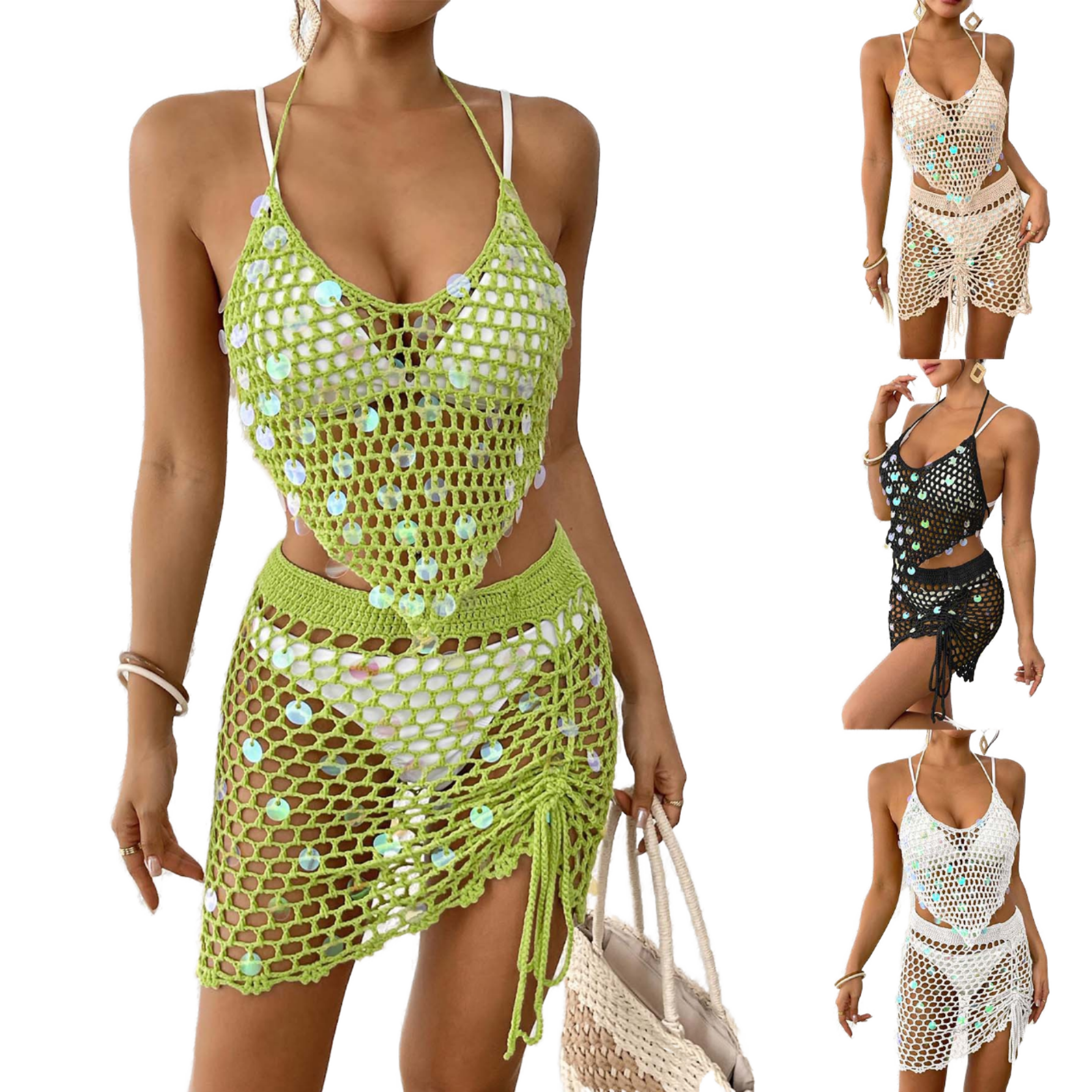 Lady's Handmade Crochet Two-Piece Sexy Resortwear Solid Swimsuit Dress Hollow Cover Ups for Seaside Beach Women's Tank Bra