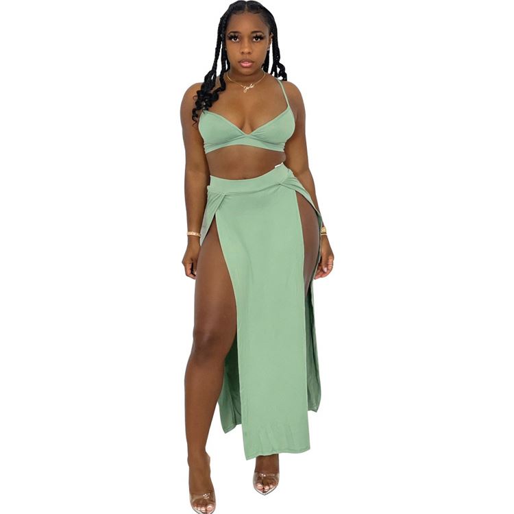 New Arrivals Summer Sling Tube Top Mid-length High Split Women's New Two Piece Long Maxi Skirt Set