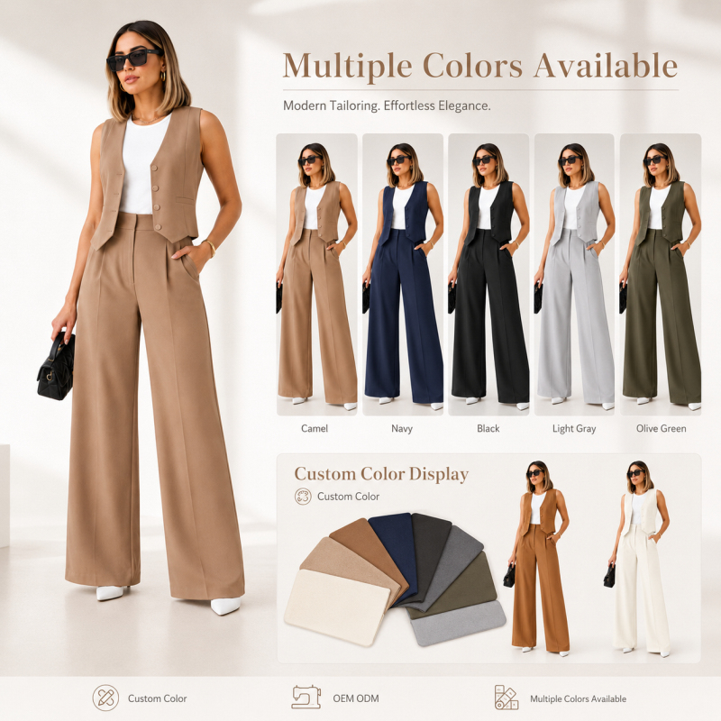 Elegant Women's 2 Piece Vest Suit Set Professional Waistcoat and Wide Leg Pants Set Office Lady Outfits