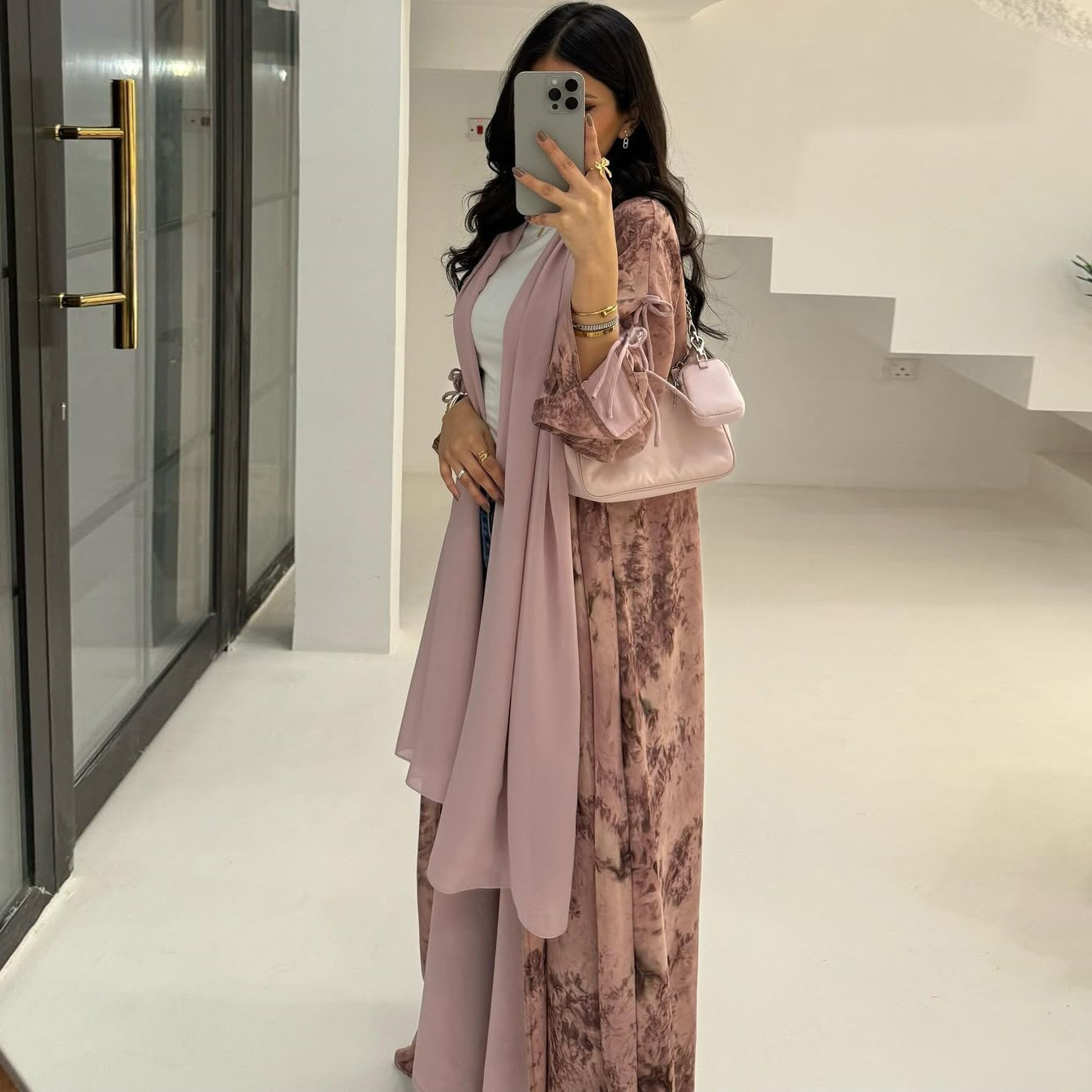 High Quality Elegant Modest Fashion Women's Muslim Polyester Chiffon Print Two-piece Summer Casual Set with Hood