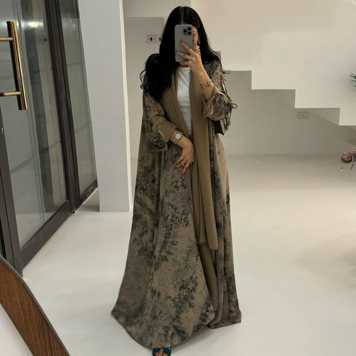 High Quality Elegant Modest Fashion Women's Muslim Polyester Chiffon Print Two-piece Summer Casual Set with Hood