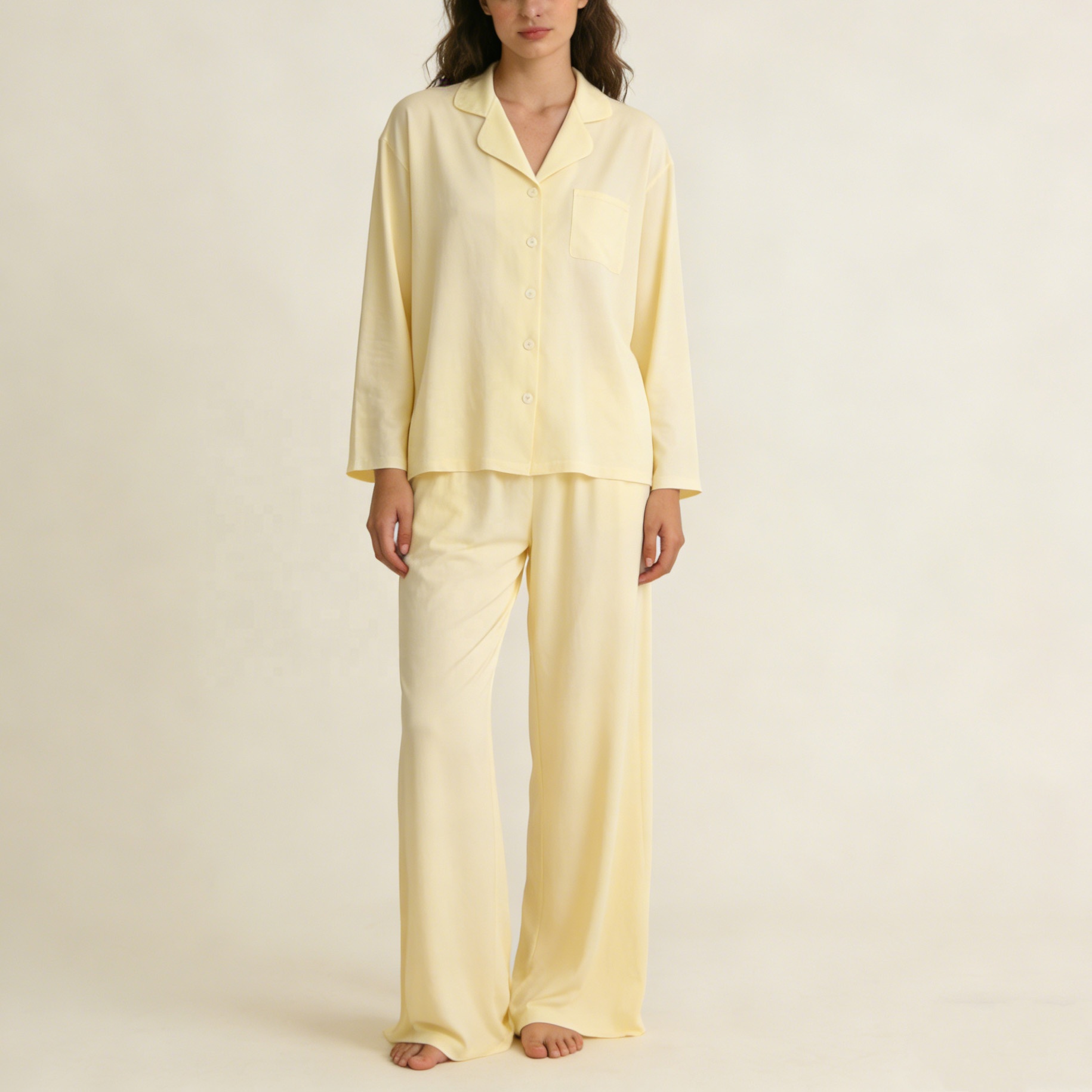 Eco Friendly Custom Women Pajamas Set Yellow Cotton Bamboo Knit Long Top Pants Cardigan Shorts Soft Loungewear Pjs