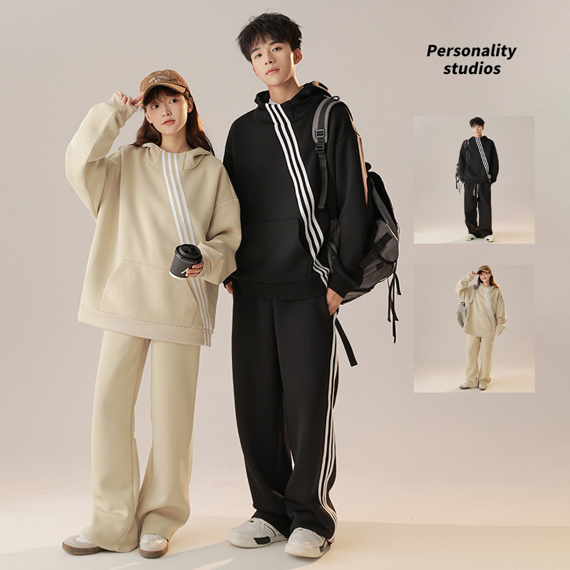 Autumn Couple Casual Loose Striped Hooded Sweater 2-Piece Set High Quality 420G Long Sleeve Polyester Cotton Blend