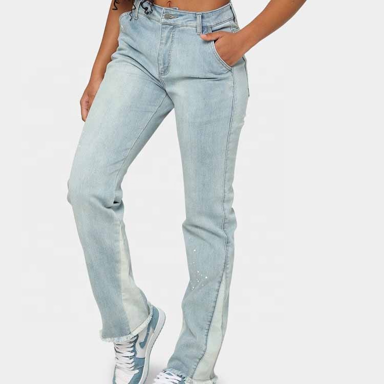 Wholesale Custom Women's Blue Washed Slim Fit Denim Jeans Pants Vintage Flared Zipper Ripped Plus Size Long Trousers Summer