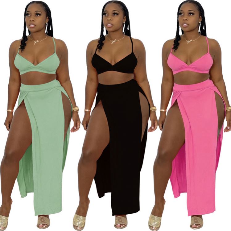 New Arrivals Summer Sling Tube Top Mid-length High Split Women's New Two Piece Long Maxi Skirt Set