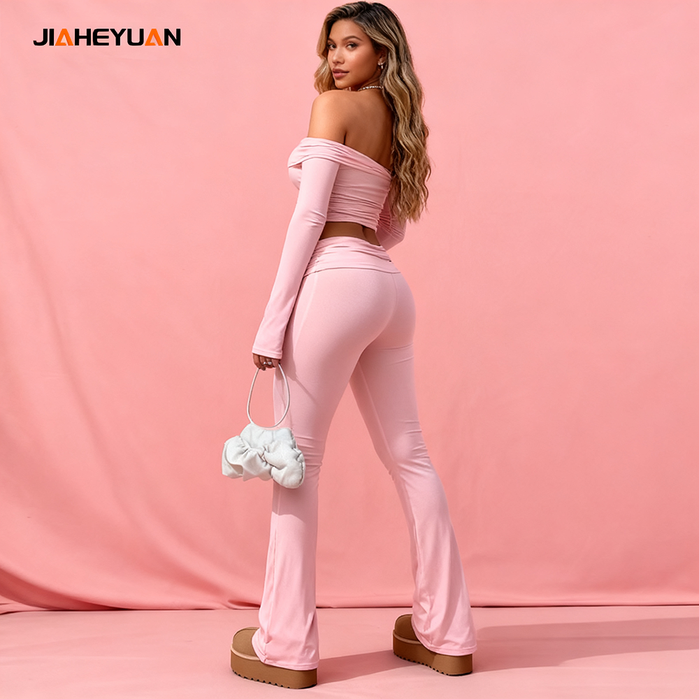 Women Short Long Sleeve Ruched off Shoulder Vest Top Outfits Workout Fitness Custom Mid Waist Flared Pants 2 Piece Set Quick Dry