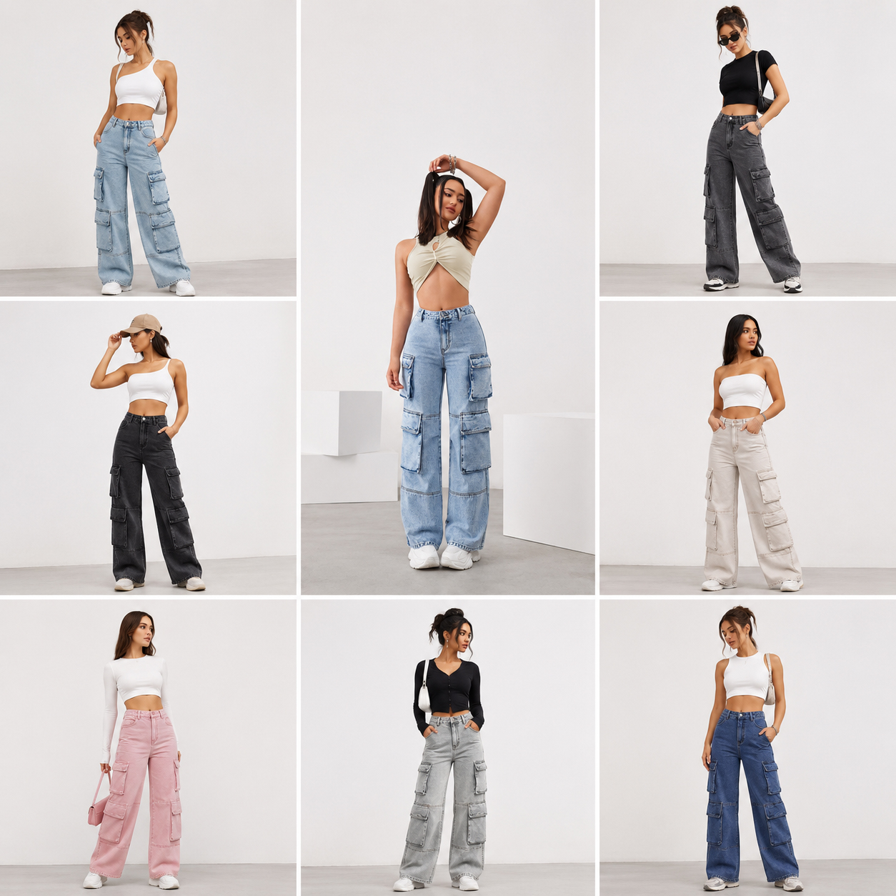 Women's High Waist Cargo Jeans Denim Loose Fit Full Length Stonewashed Solid Color Bangladesh Global Stock Apparels Bulk Sale