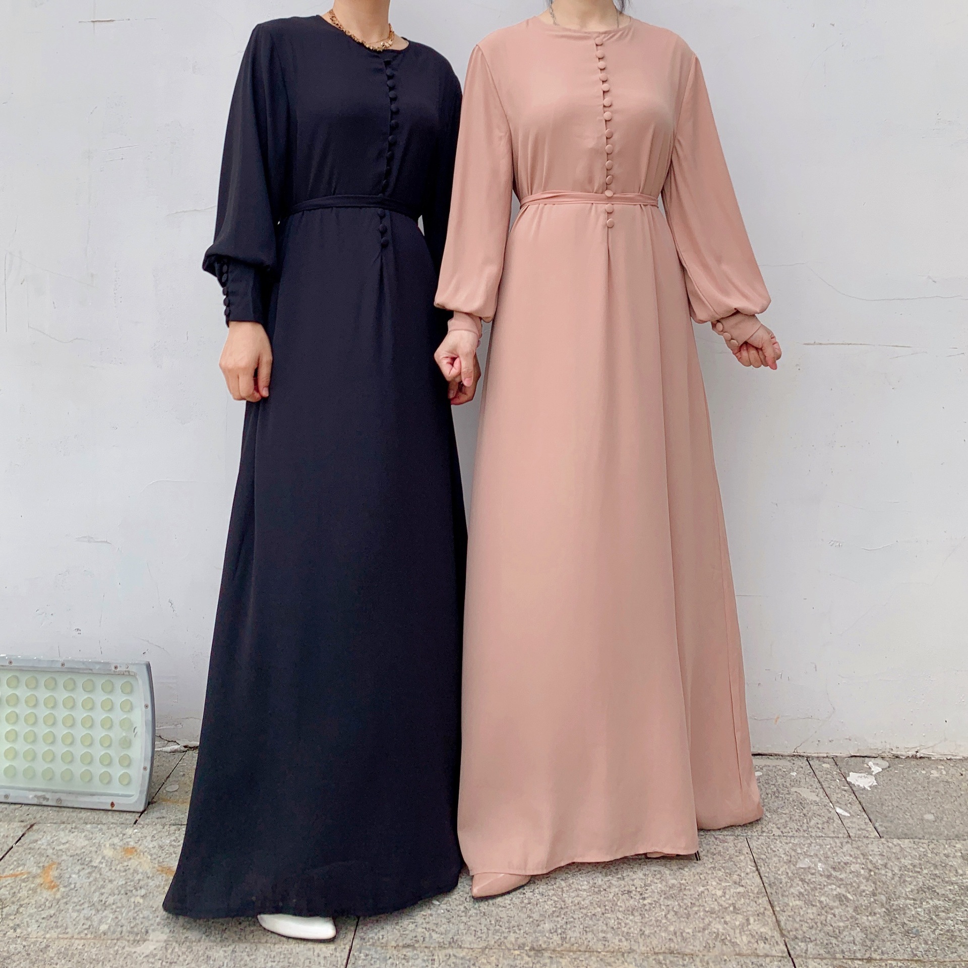 Modest Fashion Women's Long Abaya Solid Color Chiffon Casual Dress with Button Islamic Muslim Clothing