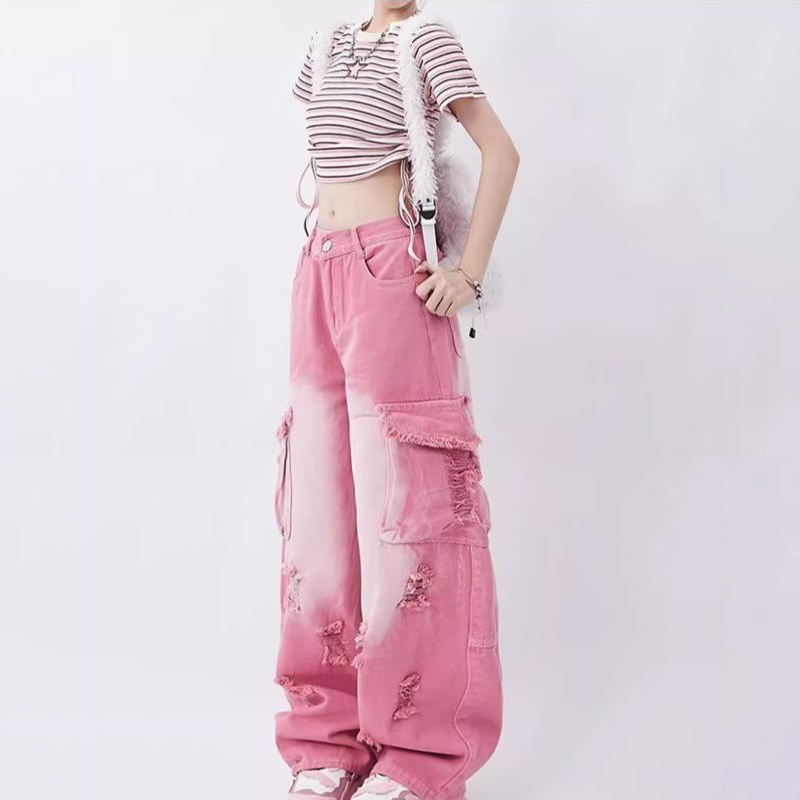 China Factory Custom Logo Women's Vintage Summer Breathable Mid Woven 100% Cotton Regular Fit Straight Jeans Denim