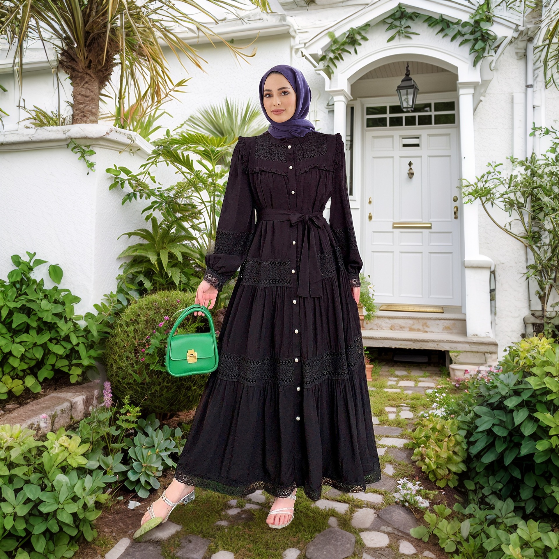 Ramadan Dresses Muslim Women's Hijab Pants Islamic Kaftan Outfits Arab Gown Abaya Cutwork Elegant Lace Patchwork Blouse Maxi Set