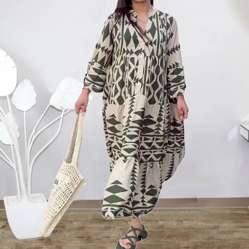 Woman's Modest Bohemian Casual Eco-Friendly Washable Maxi Loose Evening Dresses Autumn New Pullover Printed Empire 3D Crocheted