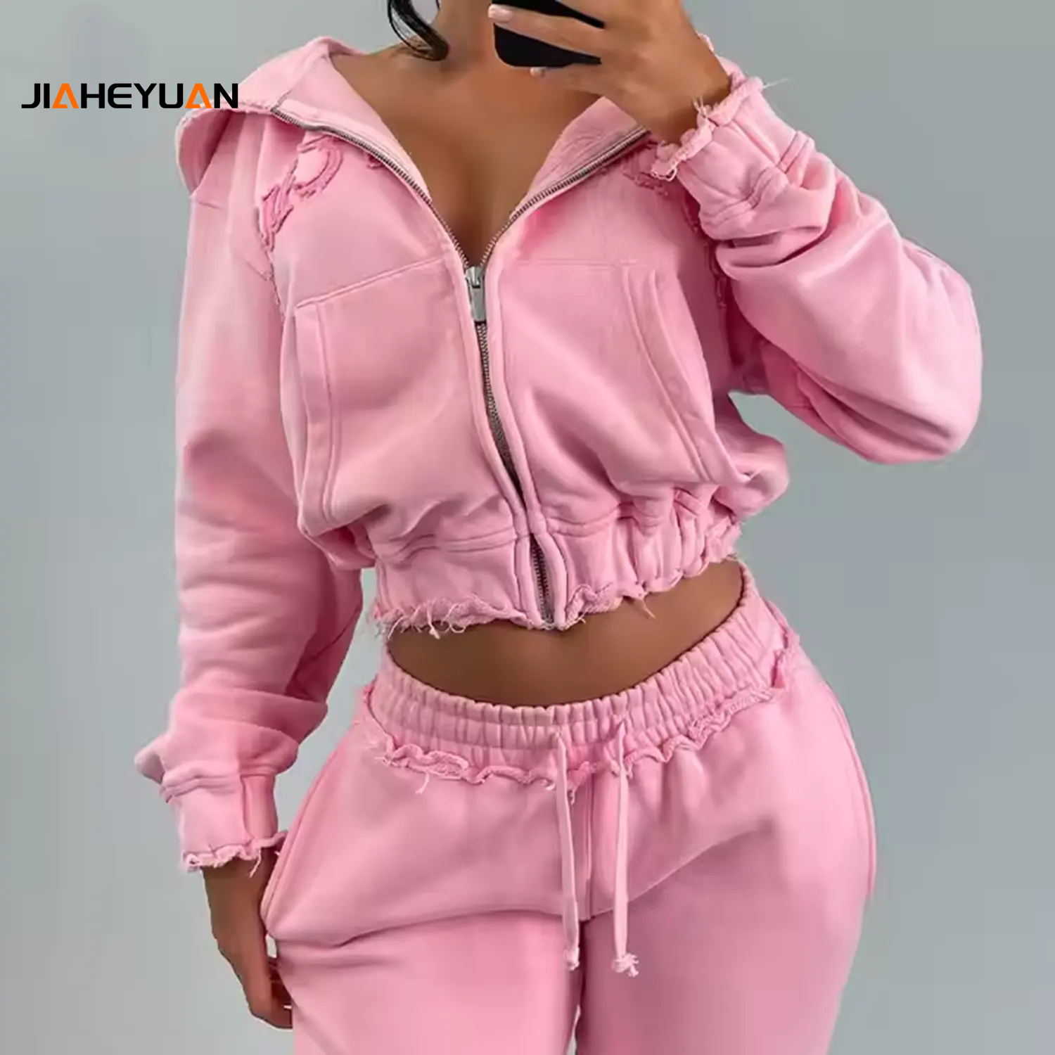 Cropped Zip Up Hoodies Sweatpants Set Custom Sweatsuits Vintage Distressed Embroidery Jogger Set Streetwear Women Tracksuits