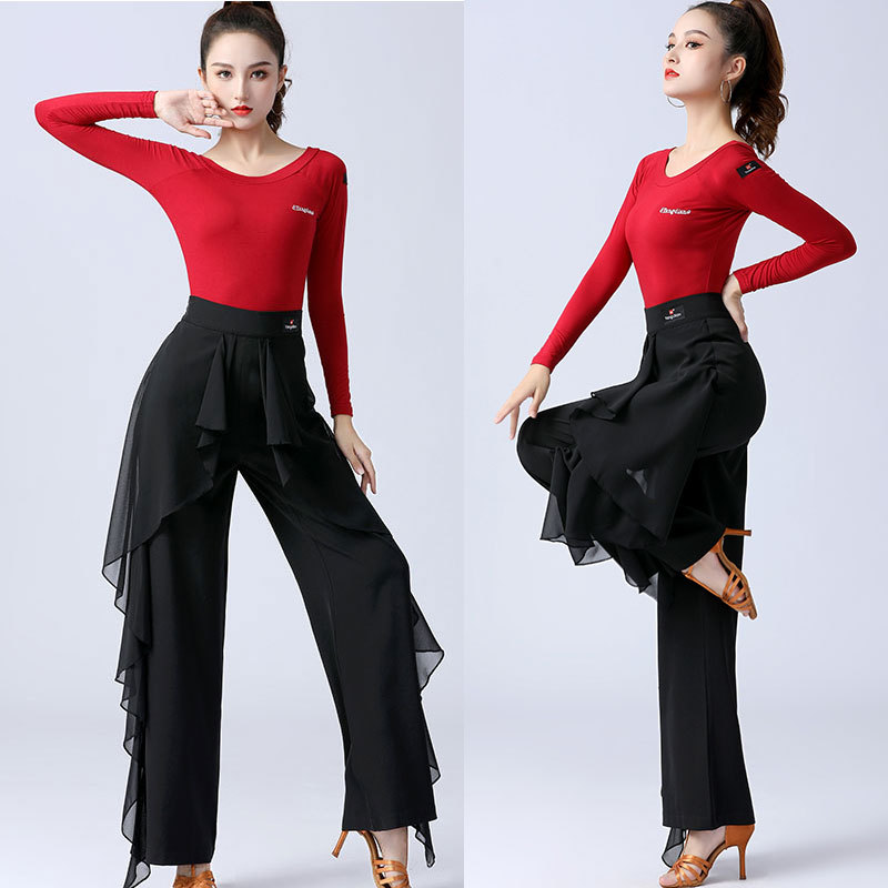 Womens Chiffon Ruffled Ballroom Dance Pants High Waist Wide-Leg Latin/Tango/Waltz Dance Trousers