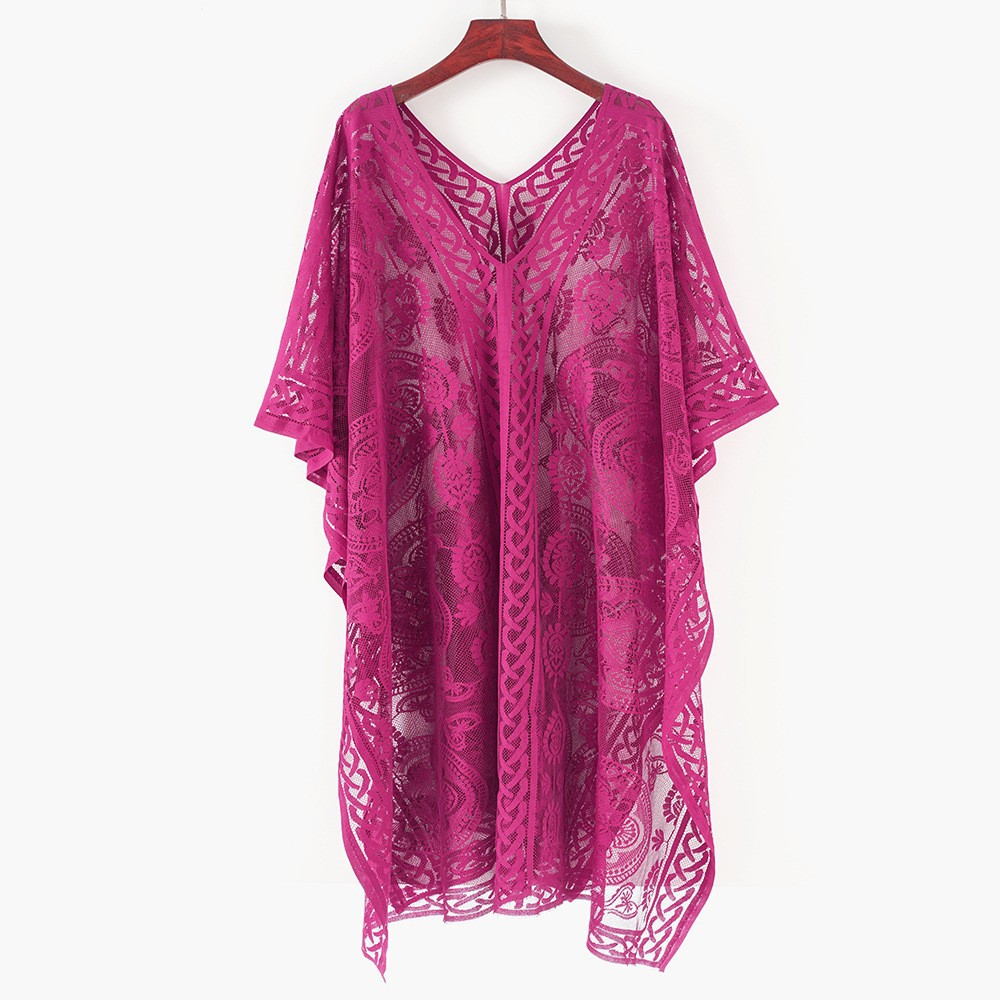 New European American Style Beach Vacation Sexy Bikini Cover-Up Breathable Fashion Sun Protection V-Neck Solid Colour Front
