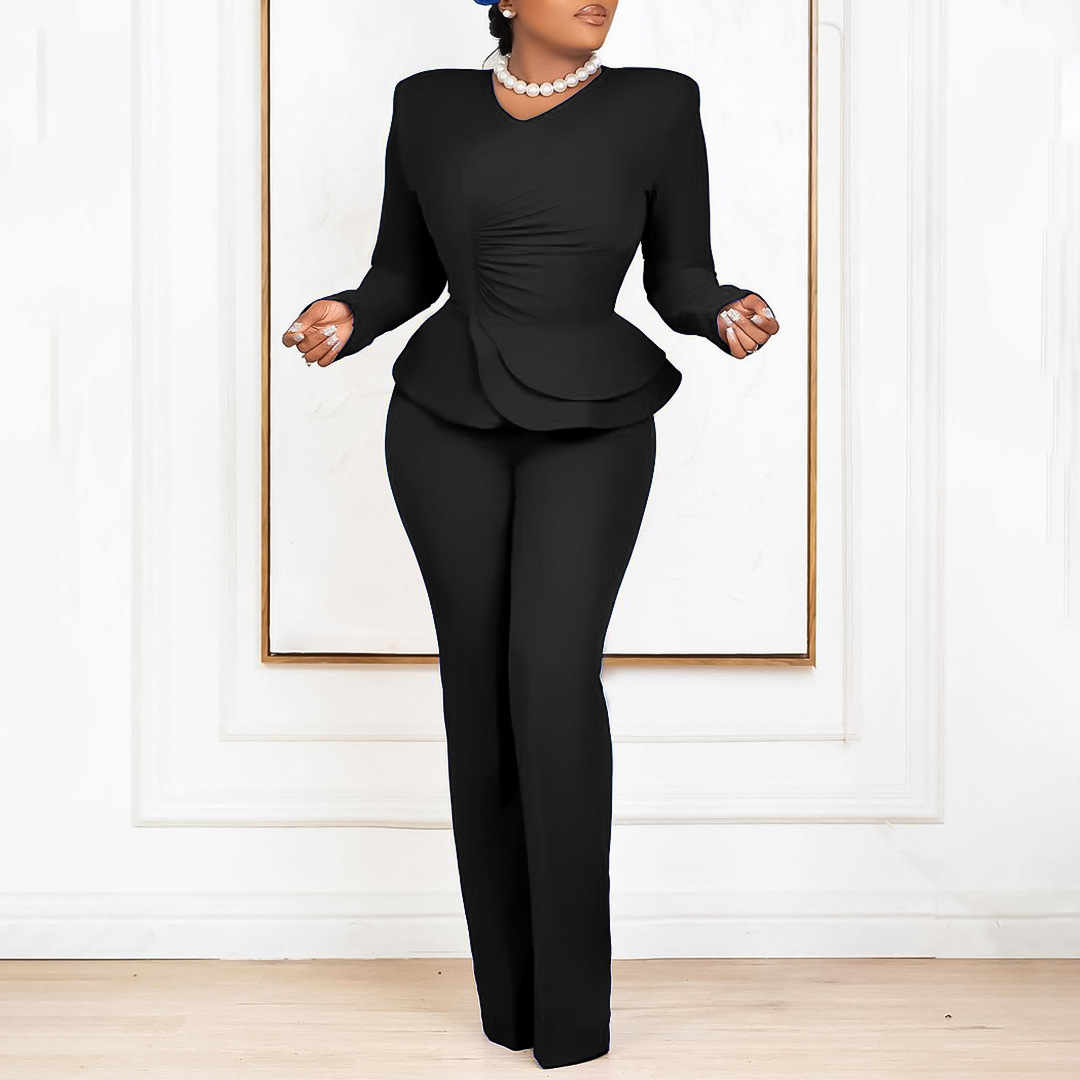 D458 Office Lady Autumn Winter New Fashion Long Sleeve Ruffled V-neck Two-piece Suit Set