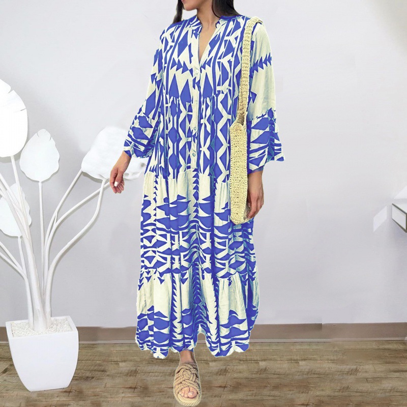 Woman's Modest Bohemian Casual Eco-Friendly Washable Maxi Loose Evening Dresses Autumn New Pullover Printed Empire 3D Crocheted