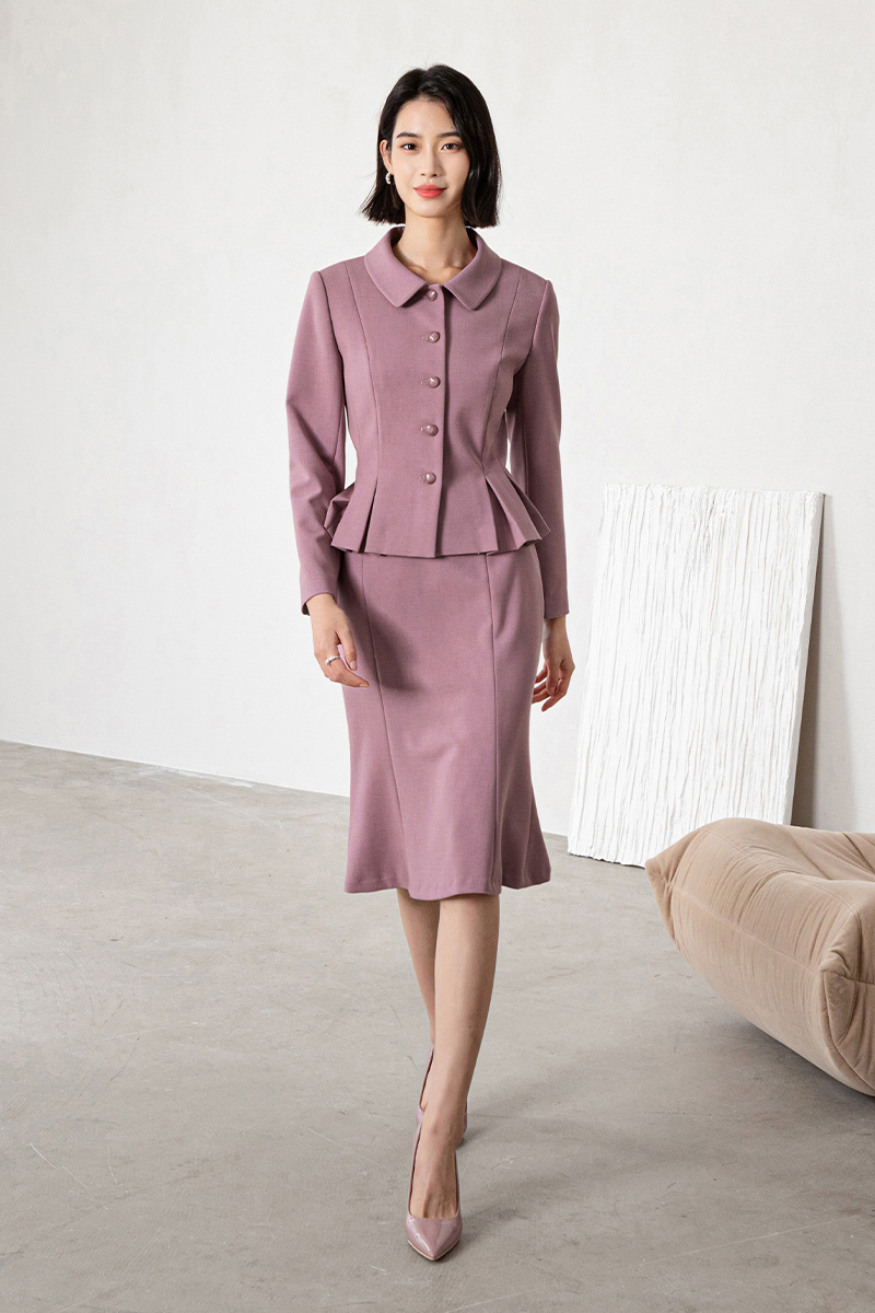MINZESTYLE Women's Autumn Office Lady Button Skirts Suits Peter Pan Coral Business Suit