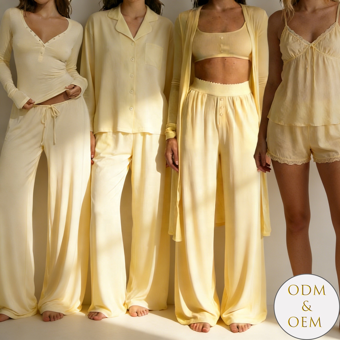 Eco Friendly Custom Women Pajamas Set Yellow Cotton Bamboo Knit Long Top Pants Cardigan Shorts Soft Loungewear Pjs