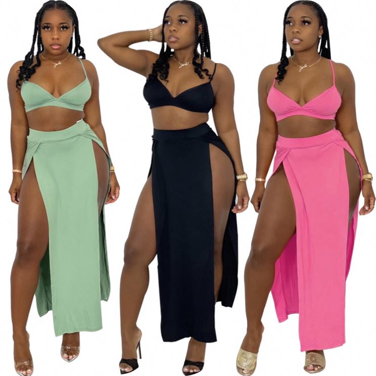 New Arrivals Summer Sling Tube Top Mid-length High Split Women's New Two Piece Long Maxi Skirt Set