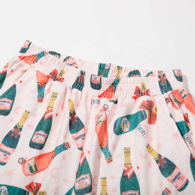 Custom Loungewear Women's Sleepwear Pajamas Set Lounge Wear Spring and Autumn Wine Bottles Printed Shirt Pajama Set