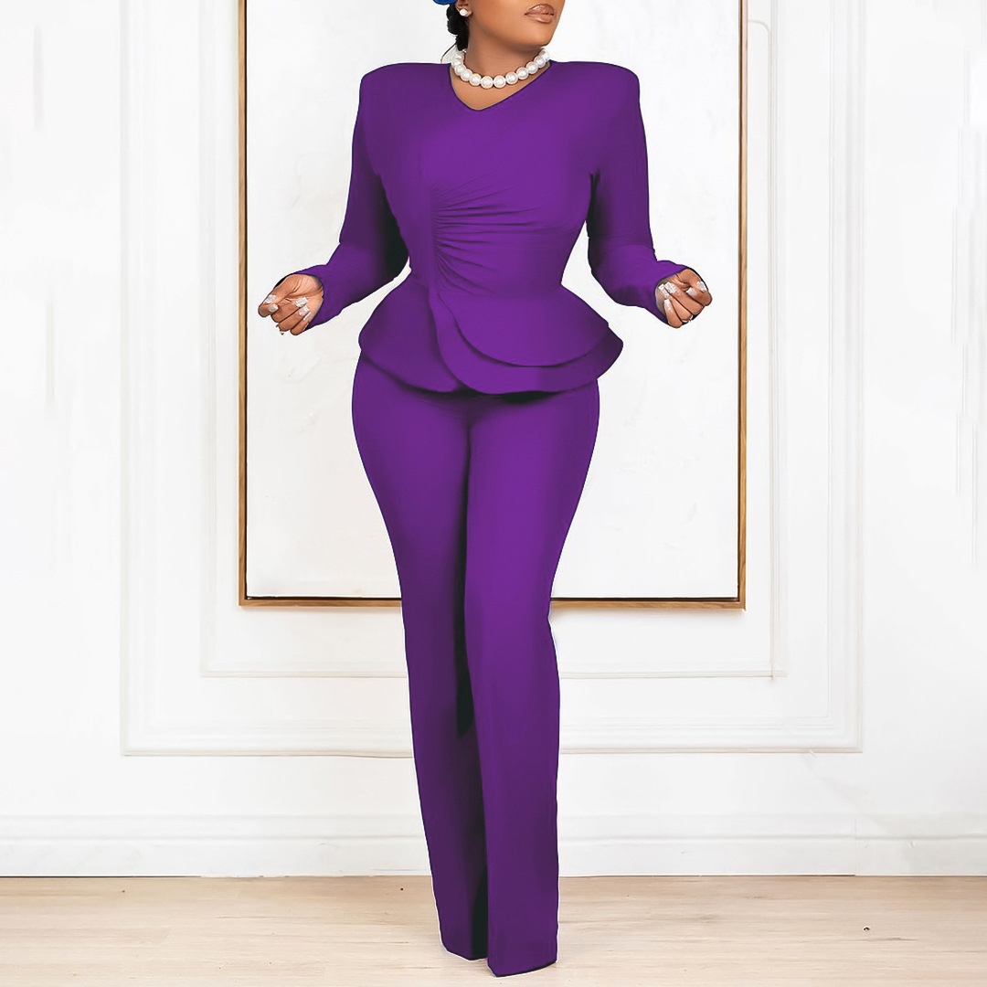 D458 Office Lady Autumn Winter New Fashion Long Sleeve Ruffled V-neck Two-piece Suit Set