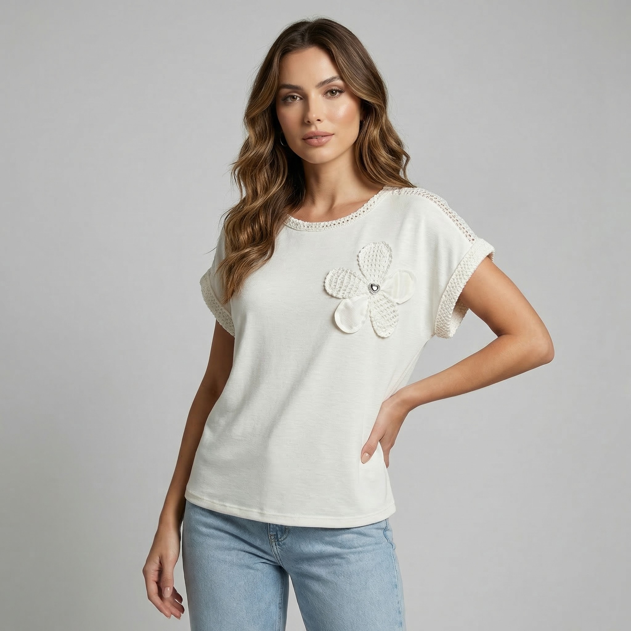 Regular-Fit O-Neck Floral Solid Casual Women's Blouse Puffed Batwing Mesh Diamonds Breathable Viscose/Polyester Short