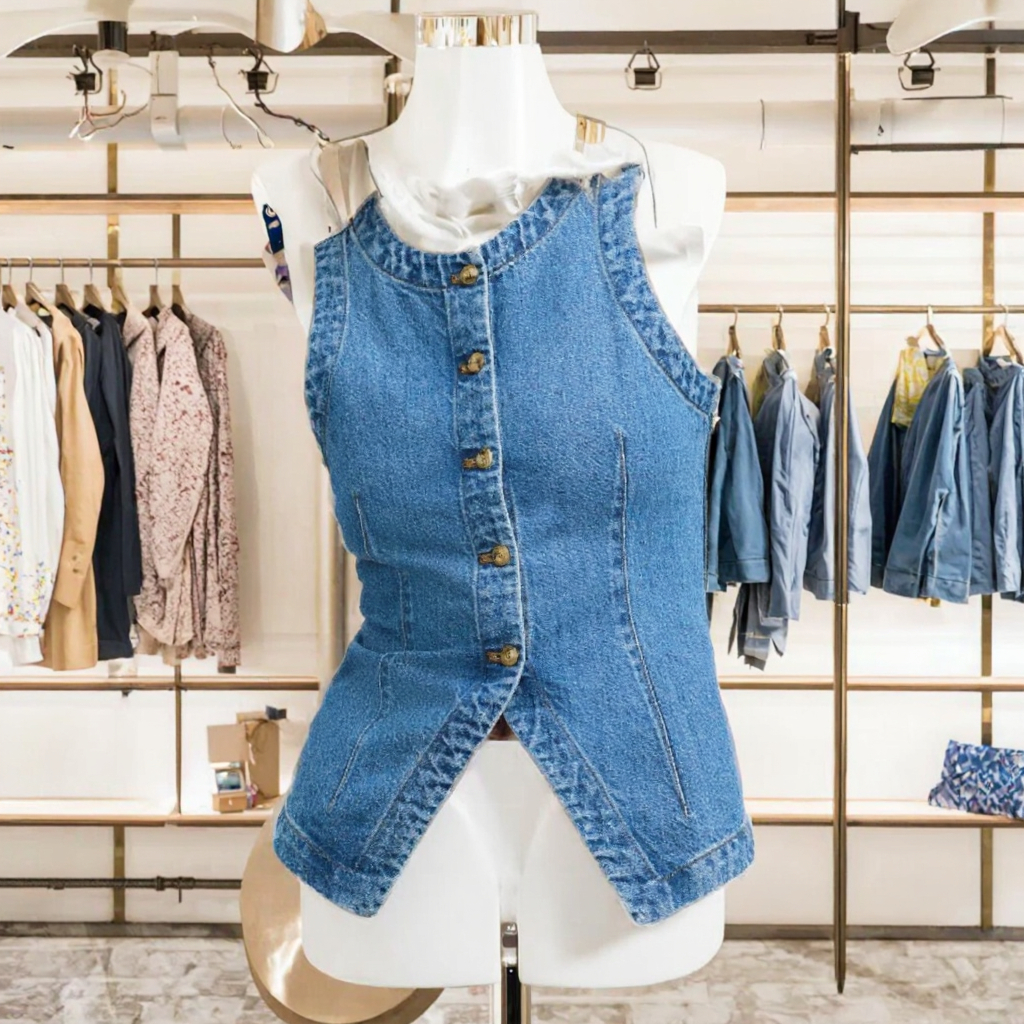2025 Summer Vintage Women's Denim Vest Sporty Regular Fit Crewneck Button Decoration Sleeveless Solid Woven Sand Wash