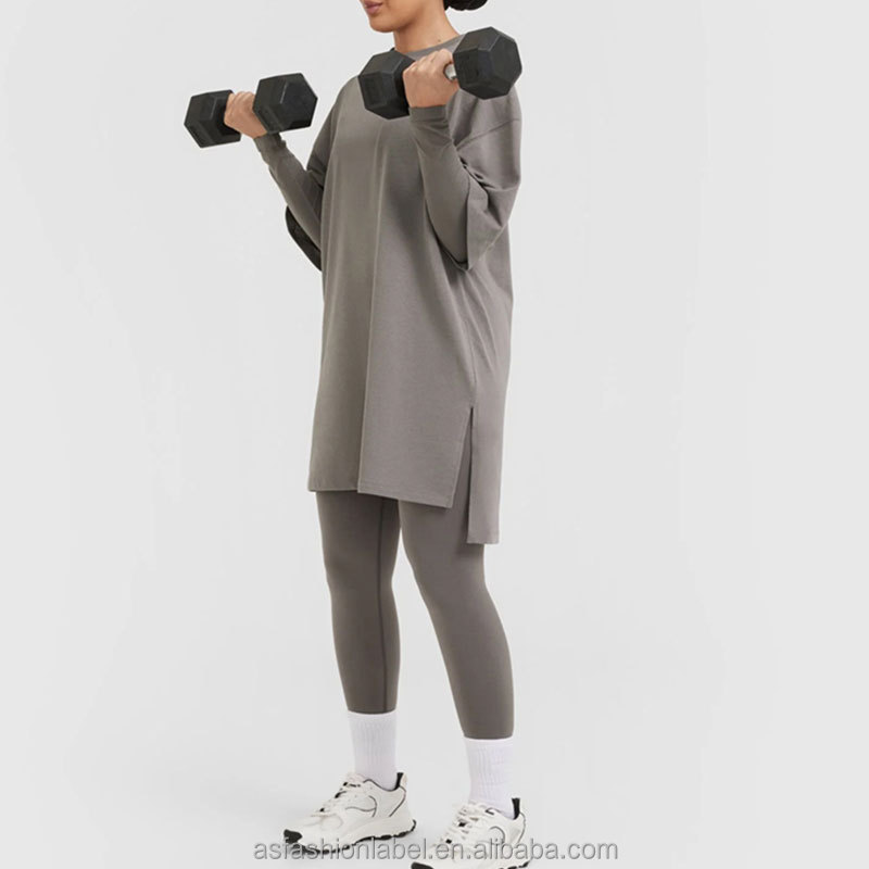 Custom OEM Solid Oversize Drop Shoulder Modest Sportswear 2 Piece Set Women Long Sleeve Crew Neck Top Leggings Islamic Outfit