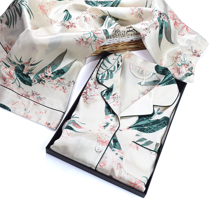 Custom Printed Pyjamas Women Sleepwear Satin Silk Lingerie Two-pieces Pure Silk Sleepwear