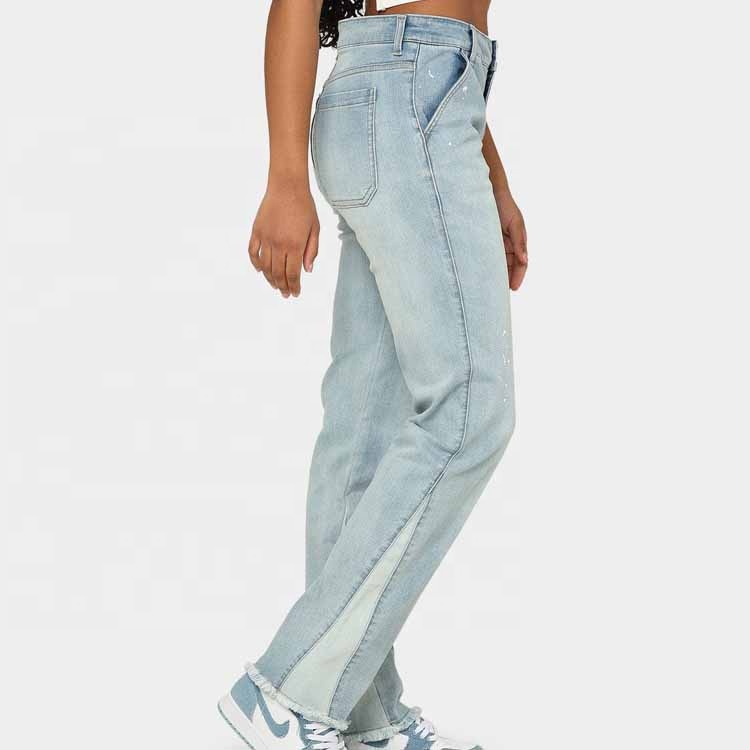 Wholesale Custom Women's Blue Washed Slim Fit Denim Jeans Pants Vintage Flared Zipper Ripped Plus Size Long Trousers Summer