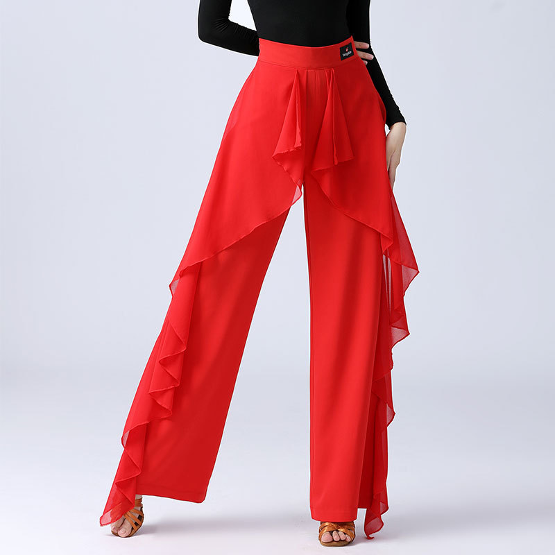Womens Chiffon Ruffled Ballroom Dance Pants High Waist Wide-Leg Latin/Tango/Waltz Dance Trousers