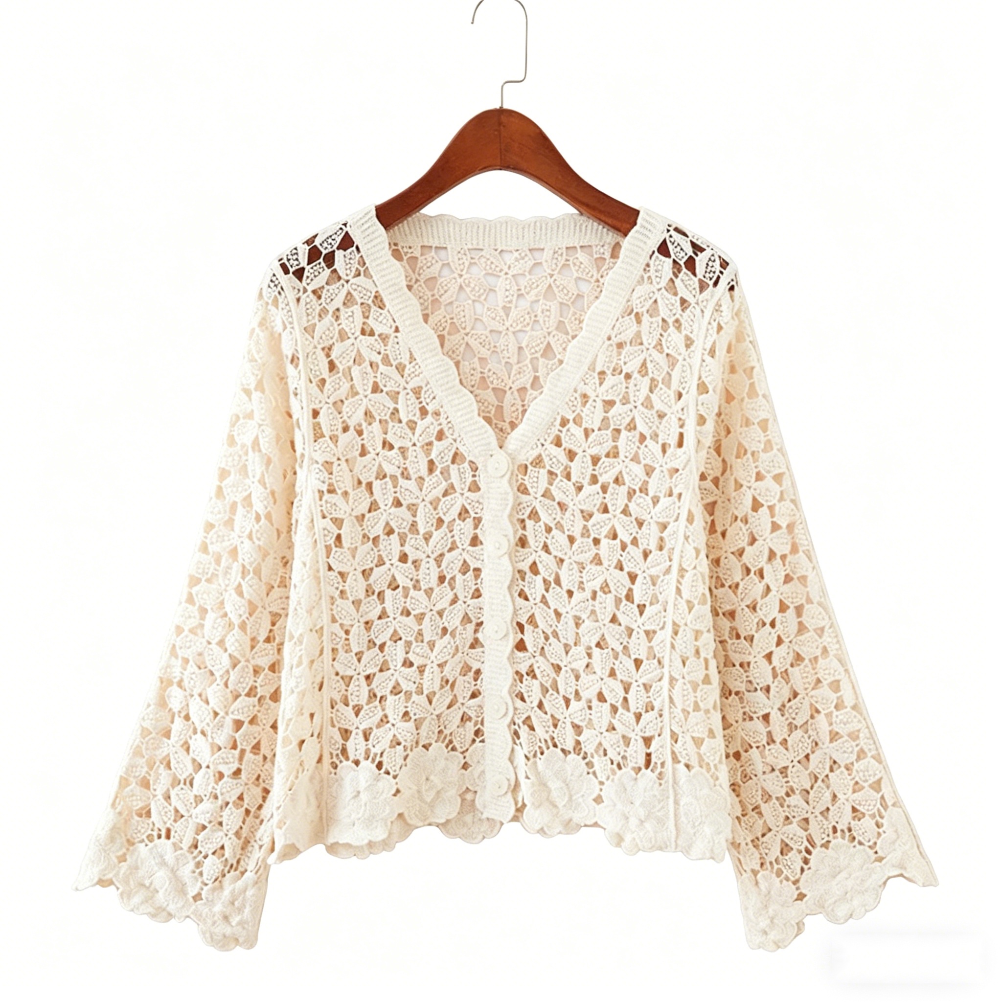Boho Embroidered Crochet Knit Vintage Cardigan Hollow Long Sleeve Beach Cover-Up Lace Open Front Shrug Summer Casual Sun