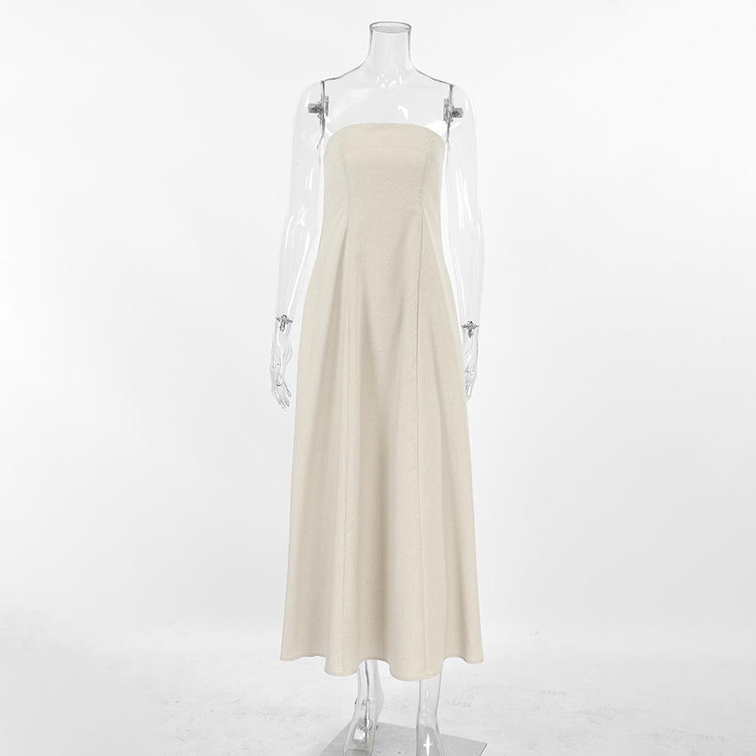 Enyami Cozy Holiday Summer Beach Resort New Style Khaki Cotton Linen Strapless Loose Long Dress Women With Pockets