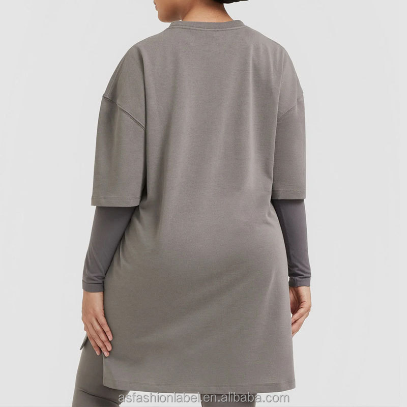 Custom OEM Solid Oversize Drop Shoulder Modest Sportswear 2 Piece Set Women Long Sleeve Crew Neck Top Leggings Islamic Outfit