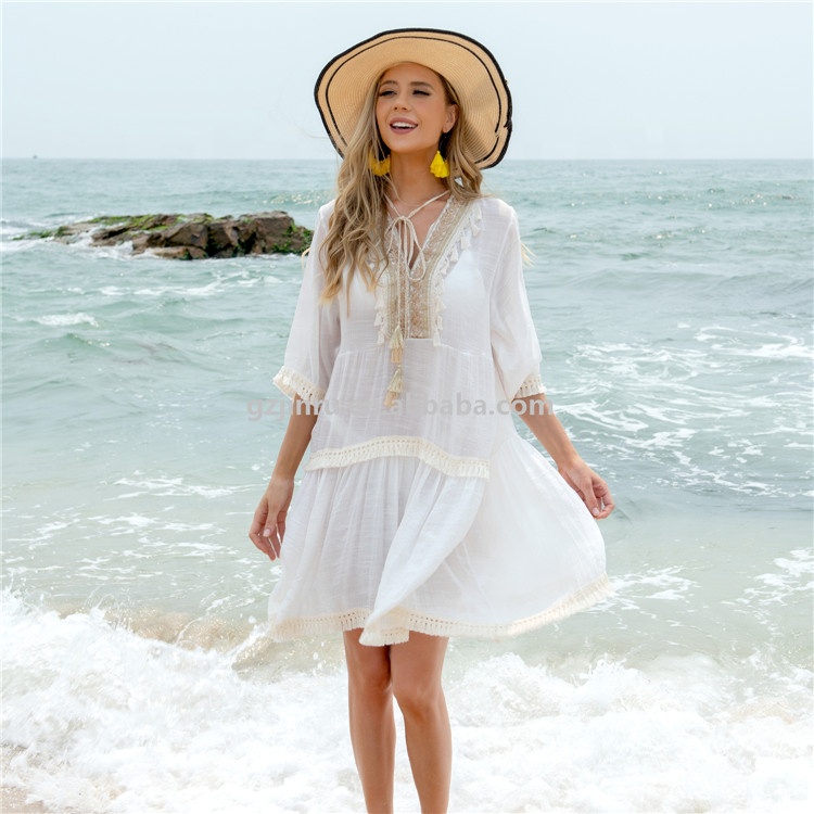 Jinru Factory Women's White Dresses Holiday Lady Beach Wear Cover up Casual Bikini Beachwear Swimwear