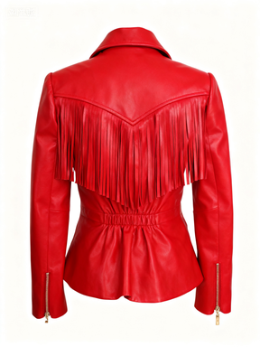 Women's Leather Coat with Back Fringe - Red Tailored Outerwear for Spring