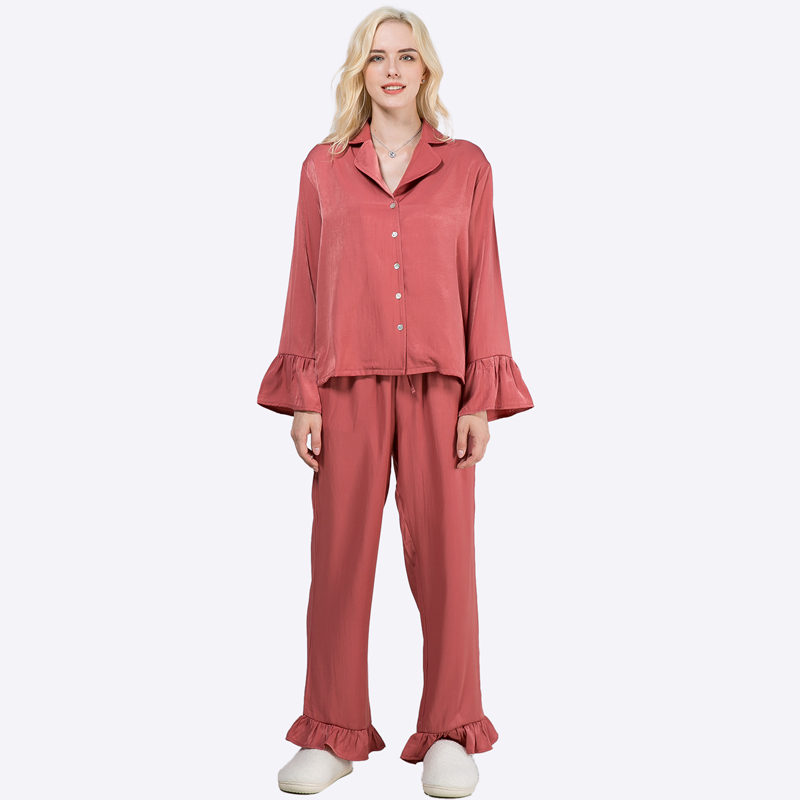 Custom Women Pajamas Sleepwear Set Manufacturer Vendor Factory Loungewear Women's Solid Color Lace Woven Cotton Shirt Pants