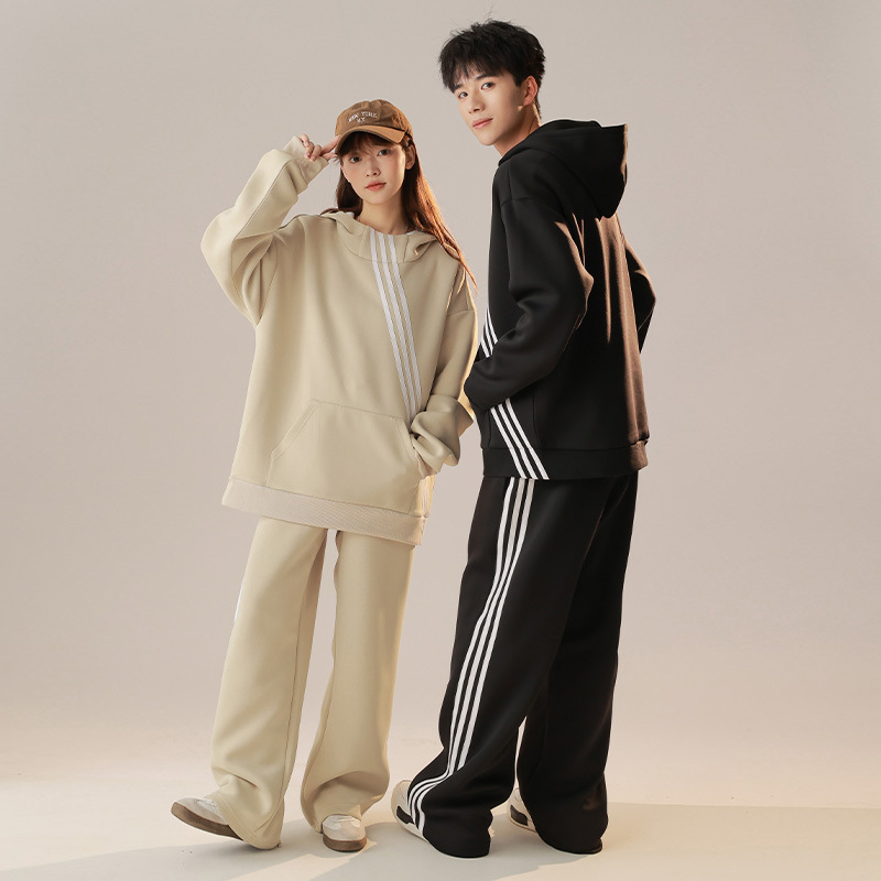 Autumn Couple Casual Loose Striped Hooded Sweater 2-Piece Set High Quality 420G Long Sleeve Polyester Cotton Blend