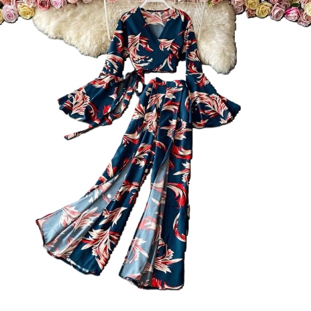 2024 New Women's Printed Suit Casual Loose Comfortable Beach Resort Style Trouser Set