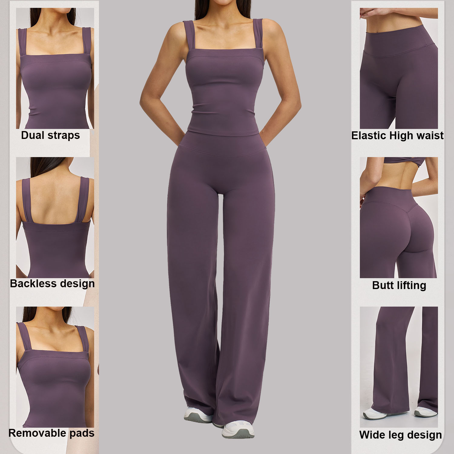 Women Yoga Set Custom LOGO Breathable Gym Tan Top Elastic High Waist Wide Leg Workout Pants Lightweight 2 Piece Women Activewear