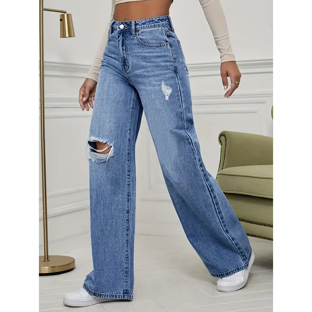 Women's High-waisted Loose Straight-leg Jeans Ripped Streetwear Light Blue Trendy Denim Trousers