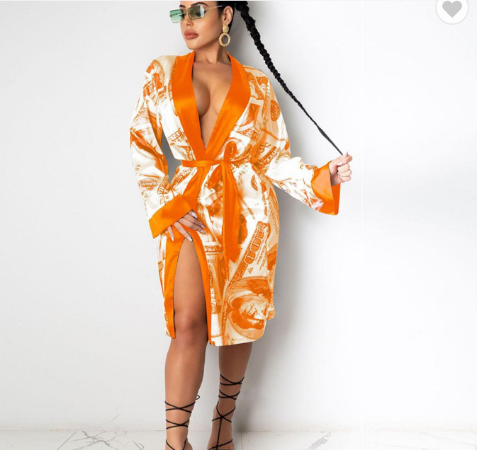 Quality Money Print Silk Luxury Pajama Bathrobe Home Clothes Satin Silk Robe Woman Sleepwear Designer Women Robe