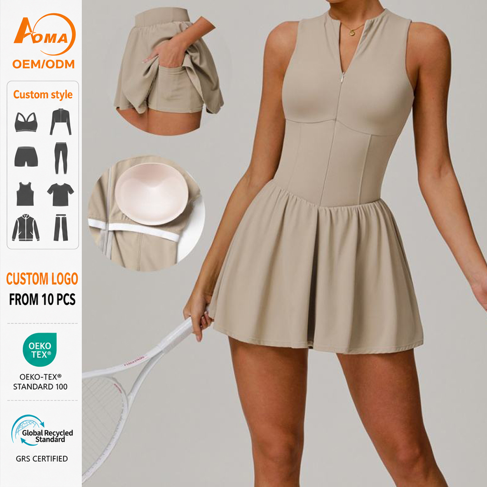 Aoyema Custom Logo Half Zip Stand Collar Built-in Bra Pocket Shorts Women Tennis Golf Athletic Workout Sports Dress