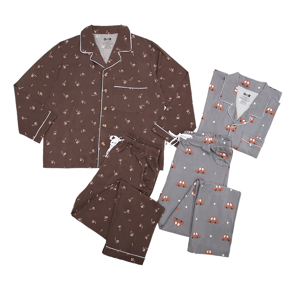 Wholesale Customized Women and Man Couple Pajamas Set Turn-down Collar Summer Long Sleeve Tops Shorts Set Sleepwear Clothes