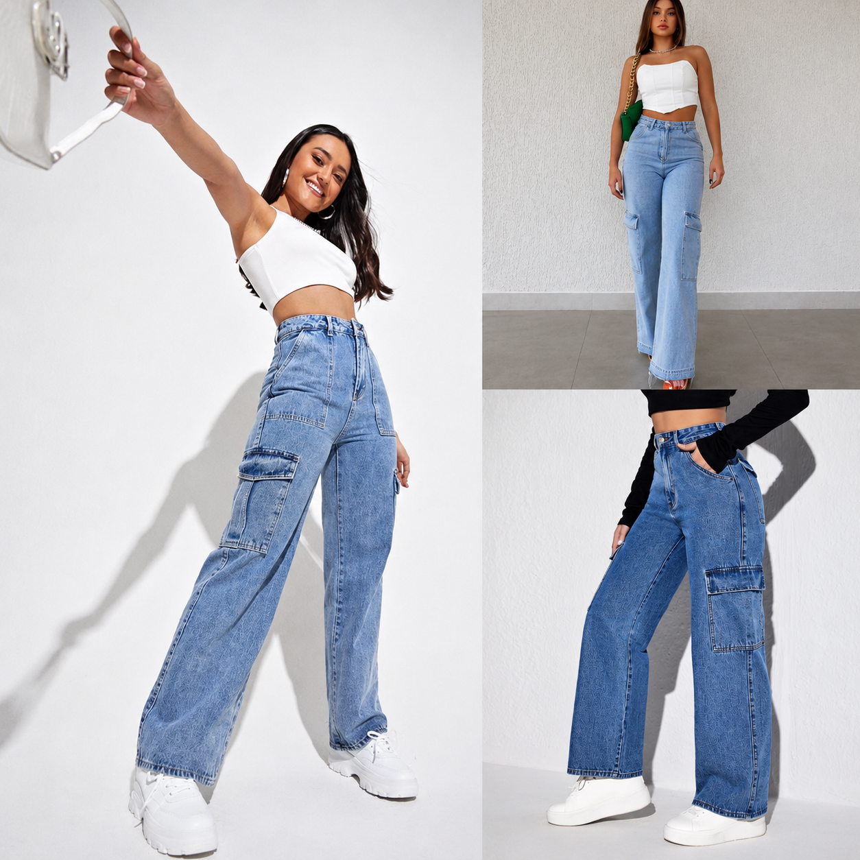 Women's High Waist Cargo Jeans Denim Loose Fit Full Length Stonewashed Solid Color Bangladesh Global Stock Apparels Bulk Sale